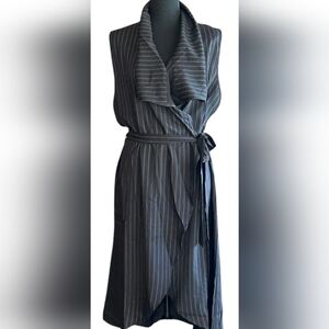 Black Pinstriped Sleeveless Belted Duster